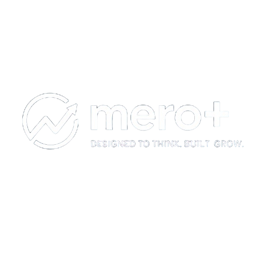 Meroplus logo featuring a minimalist circular arrow icon and the tagline 'Designed to Think. Built to Grow.' on a transparent background, representing a personal branding and digital strategy consultancy.